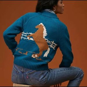 NWT Anthropologie Horse Zip-Front Cardigan Teal Sweater